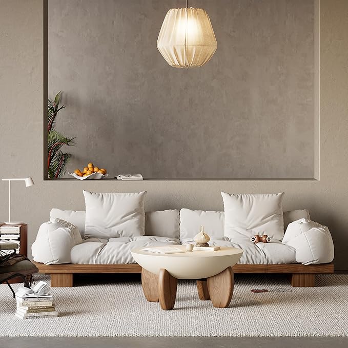 homary Round Concrete Coffee Table with Premium Walnut Ash Wood Legs, Modern Minimalist Cement Finish Center Table for Living Room