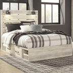 Signature Design by Ashley Cambeck Farmhouse Queen Panel Platform Bed with 4 Storage Drawers, Cubbies, Sconce Lights and USB Ports, Foundation or Box Spring Not Needed, Whitewash