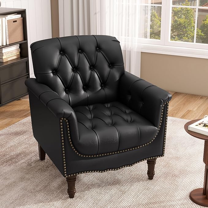 Lumibee Faux Leather Armchair, Contemporary Accent Chair with Nailhead Trims & Wood Legs for Living Room, Upholstered Comfy Arm Chair for Office,Bedroom-Black