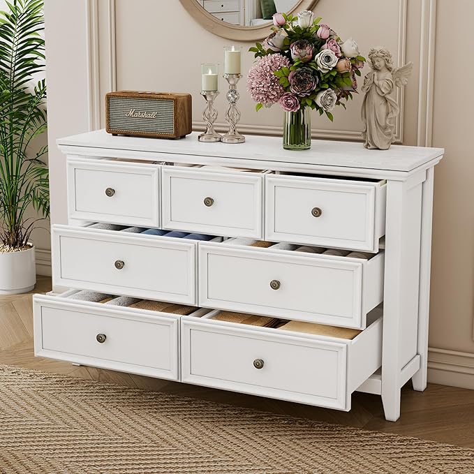 White Dresser for Bedroom, 7 Drawers Dresser, Closet Cabinet with 7 Storage Drawers for Home Office, Study Room