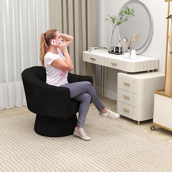 Swivel Accent Chair,Upholstered Velvet 360° Swivel Barrel Chair for Living Room Overstuffed Bouncle Reading Chair Round Armchair for Bedroom,Vanity,Office(Black)
