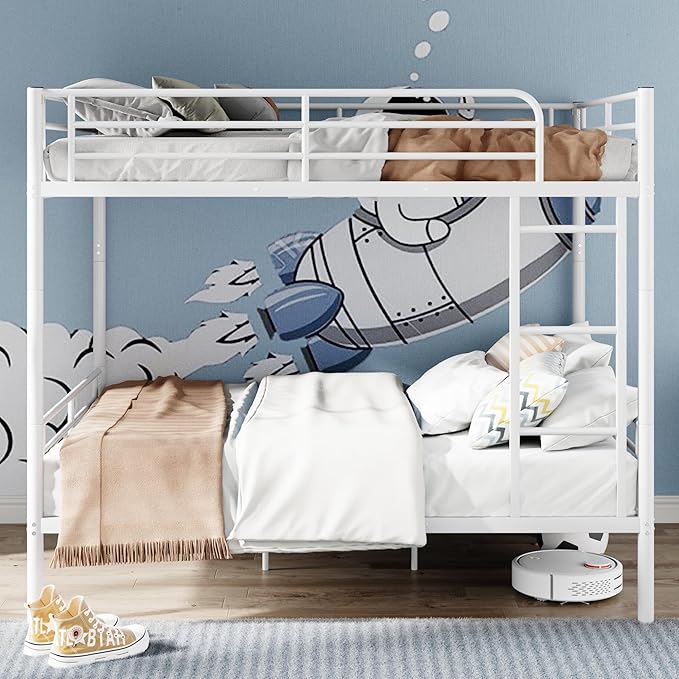 Merax Full Over Full Metal Bunk Bed with Ladder and high Guardrail, Able to Split, Storage Space, No Box Spring Needed, Noise Free, White