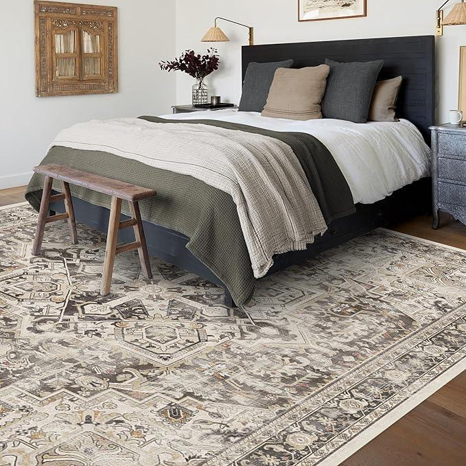 RUGGABLE Washable Vintage Area Rug – Kamran Hazel 8x10, Stain-Resistant, Non-Slip – Large Machine Washable Rugs for Living Room, Bedroom, Hallway, Entryway & Office–with Standard Pad
