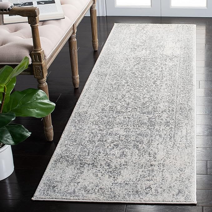 SAFAVIEH Evoke Collection Runner Rug - 2'2" x 11', Ivory & Grey, Distressed Design, Non-Shedding & Easy to Clean, Ideal for Foyer, Bedroom, Kitchen, Hallway (EVK256F)