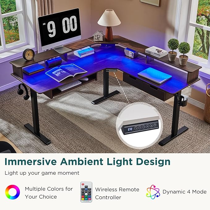 RedLemon 60 Inches L Shaped Electric Standing Desk, Height Adjustable Corner Gaming Desk with Drawers, Keyboard Tray, Power Outlets & LED Lights, Computer Desk with Monitor Shelf, Dark Walnut
