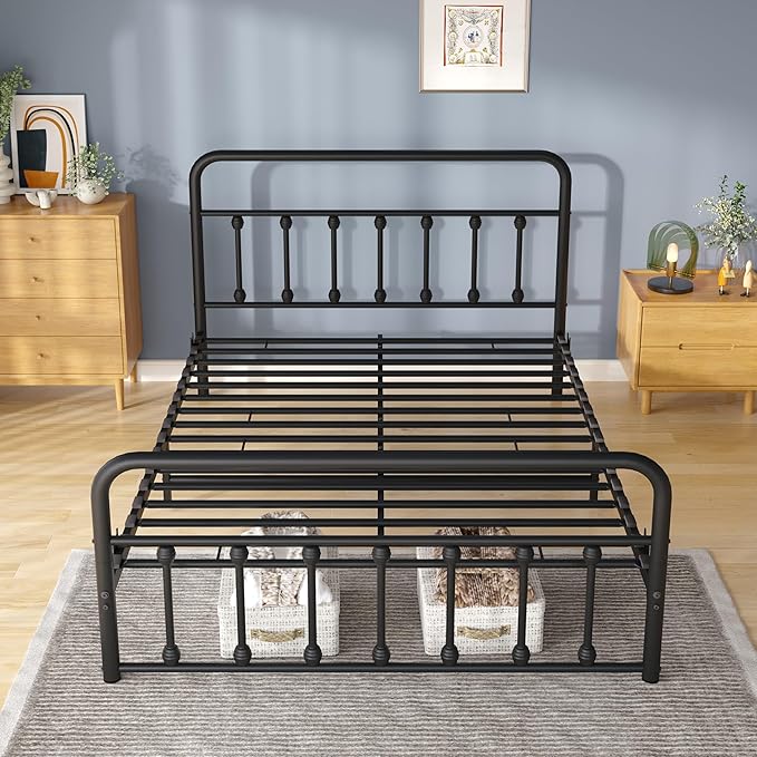 Metal Queen Single Bed Frame with Storage Space, 82.7" in Steel Bed Frame with Protective Foot Pads, Strong Bearing Capacity Queen Size Bed, Easy Assembly, Underbed Storage Space（43.3 inch）