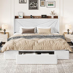 SHA CERLIN King Size Bed Frame with 3 Drawers, USB & Type-C Charging Ports, Velvet Upholstered Platform Bed with Modern Geometric Wingback Storage Headboard, No Box Spring Needed, Easy Assembly, White