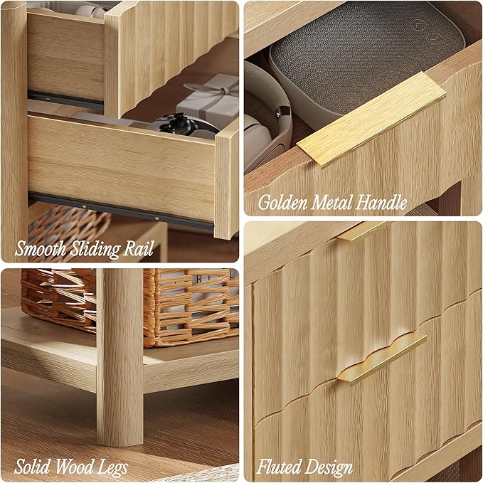 Huuger 27.6 Inch Tall Night Stands with Charger Station, USB-C Port, Fluted Nightstand Set of 2, Larger Wider Bed Side Table with 2 Deep Drawers, Open Shelf, Bedroom Living Room End Table, Natural