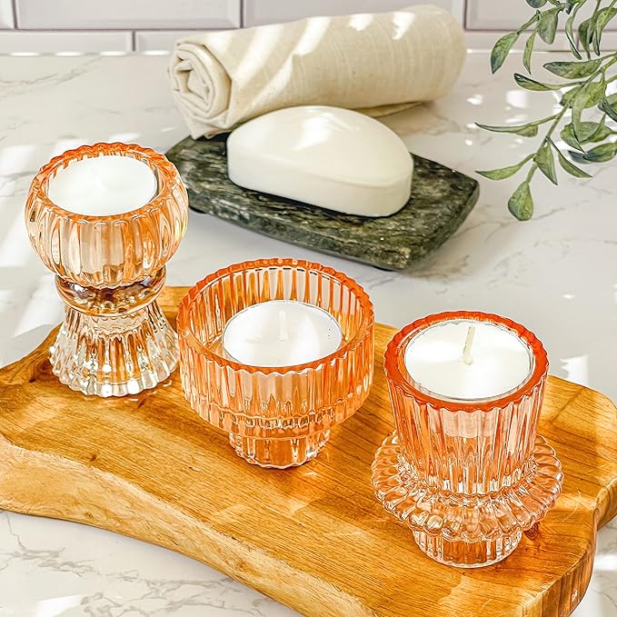 Kate Aspen Vintage Ribbed Glass Black Candlestick Holders, Pillar Candle, Tealight & Votive Candle Holders (Set of 6, 3 Assorted Sizes), Dining Table Decor, Shelf Decor, Centerpiece
