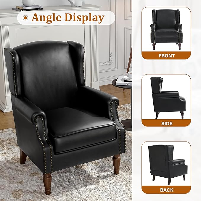 Faux Leather Wingback Accent Chair, High Back Upholstered Armchair, Comfy Fabric Wingback Arms Chairs with Solid Wood Legs, Single Sofa Reading Chair for Bedroom Living Room, Black