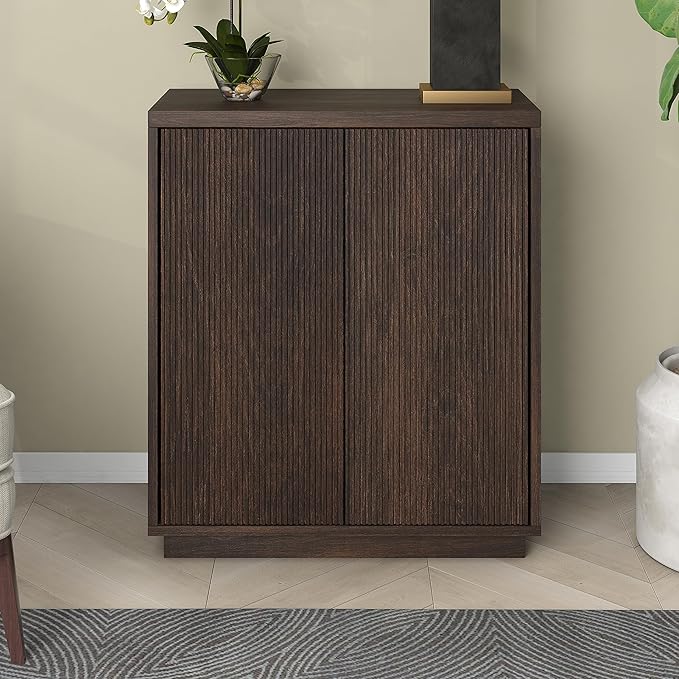 Henn&Hart 28" Fluted Wooden Accent Cabinet, Modern Ribbed Sideboard Buffet Cabinet with 2 Doors and an Adjustable Shelf for Living Room, Dining Room, Bedroom or Entryway, Alder Brown