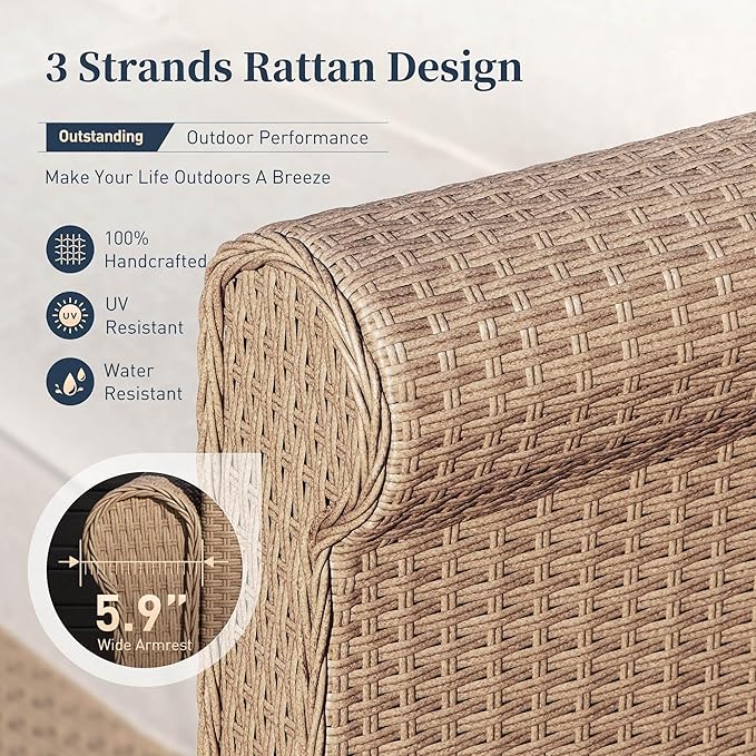 Patio Furniture Set 5 pcs, Wicker Rattan Sofa with 5.5" Thick Waterproof Cushions, 2 Chairs and Ottomans, All Weather Outdoor Conversation Set for Backyard Deck, 7 Seats Beige