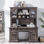 OKD 60" Executive Desk with Hutch and Drawers, Farmhouse Home Office Desk with Charging Station, Keyboard Tray, File Cabinet Storage, Wood Computer Desk for Work and Study, Dark Rustic Oak