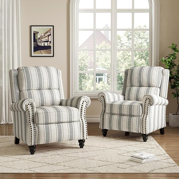 Pushback Recliner Chairs Set of 2, Comfy Fabric Wingback Recliner Chair, Upholstered Armchair Push Back Recliner with Wood Legs, Rivet Trim Accent Chair for Living Room, Bedroom, Gray Stripe
