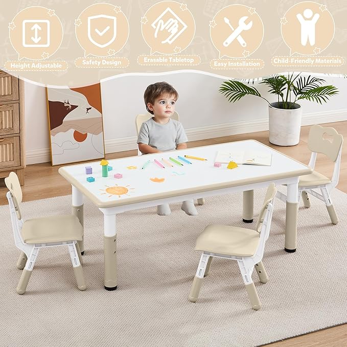 Adjustable Kids Table Chairs Set – Graffiti Desktop, Multi-Activity Height-Adjustable Toddler Study Desk for Ages 3-8 – Ideal for Home, Classroom, Daycare (B-Wood, 4 Chairs-47.2" L x 23.6" W)