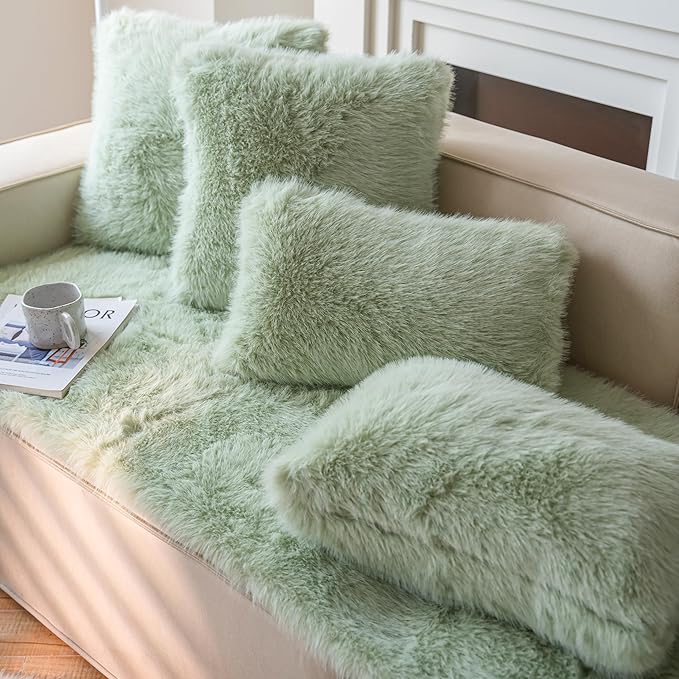 Neelvin Green Faux Fur Cozy Fluffy Double-Sided Decorative Throw Pillow Covers 24x24 inch Set of 2,Velvet Pillowcase Cushion Case for Sofa Couch