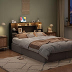Queen/Full Headboard Queen Size with Storage, Wood Bookcase Headboard with Charging Station & 2 LED Lights, Modern Headboard Only for Queen Size Bed, Noise-Free, Sturdy and Durable, Black