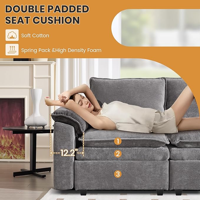 130" U Shaped Modular Sectional Sofa, Couch with Ottoman Storage, Chenille Cloud Couch with Plush Deep Seating for Living Room, Bedroom (7 Seat, Light Grey)