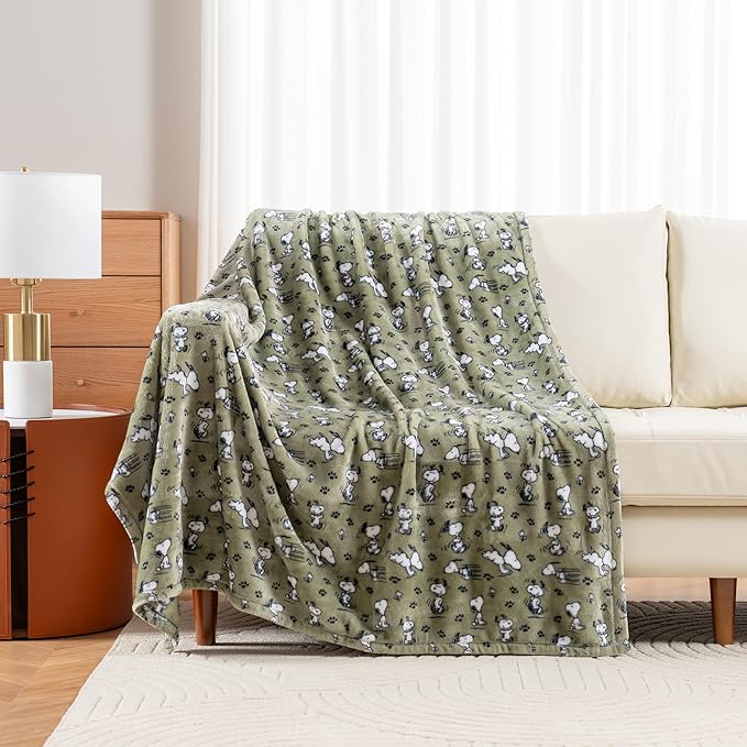Berkshire Blanket Peanuts VelvetLoft Cute Character Snoopy Plush Throw Blanket,Peanuts Poses and Paws Loden,Throw 55 in x 70 in (Official Peanuts® Product)
