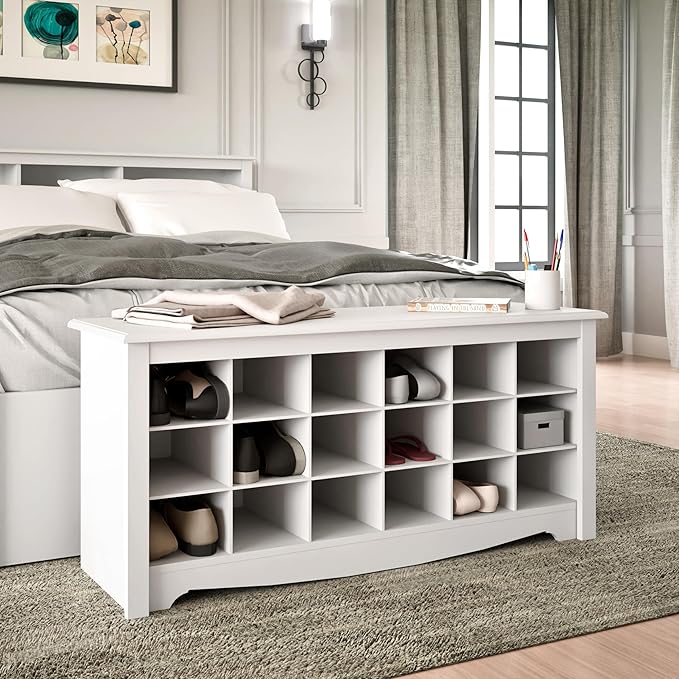Prepac White Shoe Cabinet, Entryway Bench, Mud Room Organization and Storage Bench with 18 Shoe Cubbies 16"D x 48"W x 24"H