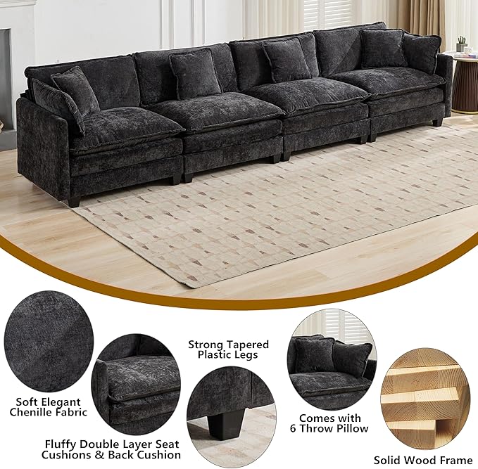 Aoowow Modular Sectional 4 Seater Cloud Sofa Couch for Living Room,149.6" Cloud Sofas with Deep Seat,Modern Chenille 4 Seat Sofas,Fluffy Cloud Couches for Bedroom,Office,Hotel (Black, 4 Seater)
