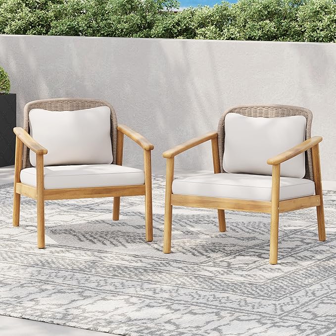 Christopher Knight Home Octavia Outdoor Club Chairs Set of 2, Acacia Wood Accent Chair with Cushion, Woven Rope Backrest Armchair, Solid Wood Frame Chair, Patio Chair for Porch Backyard, Beige+Teak