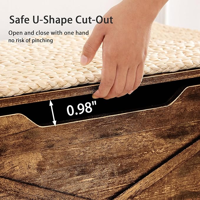 VECELO 30" Storage Bench, Entryway Shoe Ottoman, Farmhouse Style Bench with Handwoven Cushion and Metal Safety Hinges, for Bedroom, Living Room, Entryway, Brown