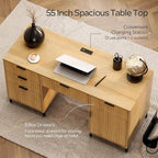 55" Fluted Executive Desk, Modern Home Office Desk with Charging Station, Keyboard Tray, File Drawer, Storage Cabinet for Work Study Writing Desk, Natural Oak