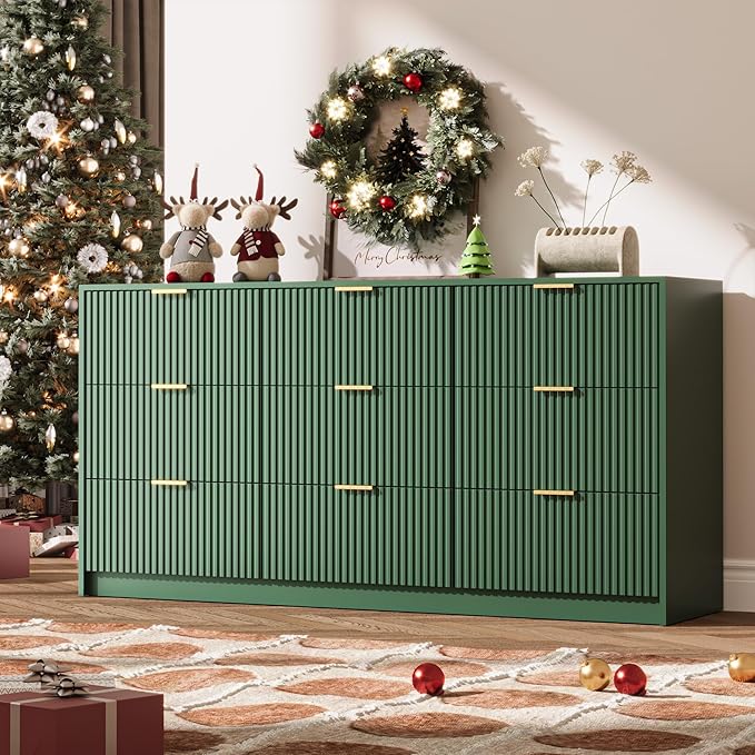 Green Dresser for Bedroom, 9 Drawer Double Dresser, Modern Chest of Drawers for Bedroom, Living Room, Entryway and Closet, 63" L x 15.7" D x 31.5" H