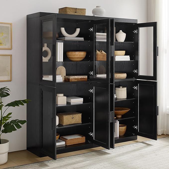 Crosley Furniture Essen 2-Piece Glass Door China Hutch Kitchen Pantry Storage Cabinet Set, Dining Room, Black