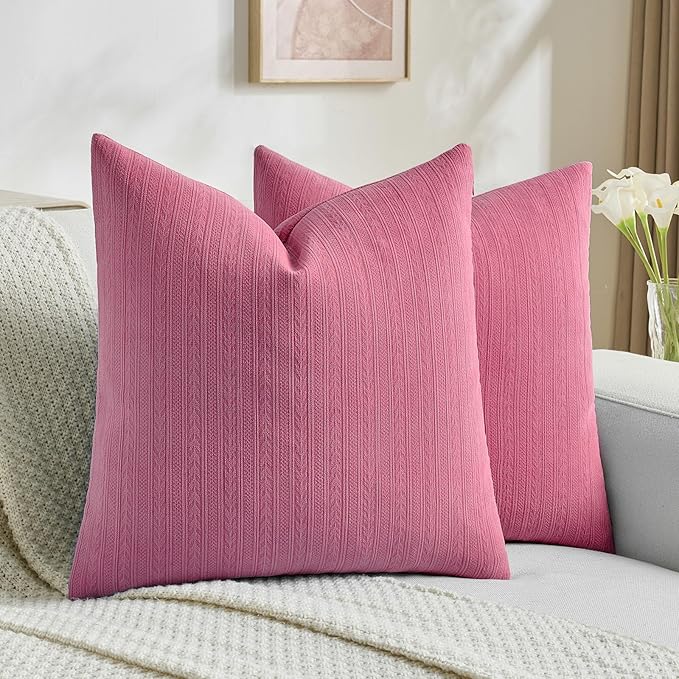 FUTEI Hot Pink Decorative Throw Pillow Covers 16x16 Inch Set of 2,Soft Cozy Wheat Ear Striped Patterns Cushion Cases,Modern Home Decor for Couch Bed Living Room