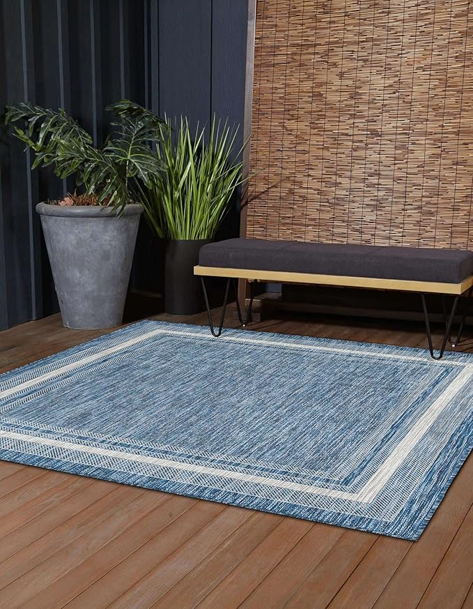 Unique Loom Outdoor Border Collection Area Rug - Soft Border (13' Square, Blue/ Ivory)