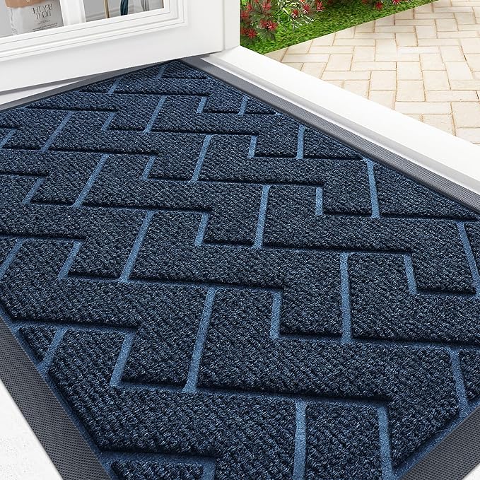 OLANLY Front Door Mat Indoor Outdoor Entrance, Waterproof All-Season, All-Weather Doormat, Sturdy Natural Rubber, Low Profile, Easy Clean Patio Porch Entryway Mat, Herringbone Brick (Blue, 59x23)