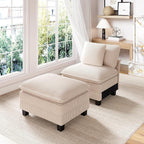 PHI VILLA Indoor Lounge Sofa Chair, One-Person Oversized Sectional Sofa with Ottoman, Single Chaise with Upholstered Deep Seat for Bedroom Reading, Corduroy Fabric, Beige