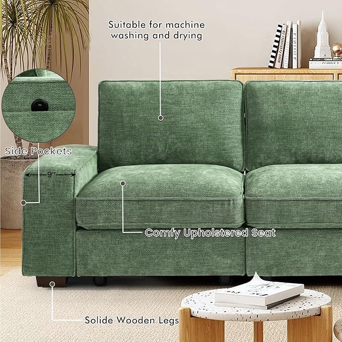 TEKAMON 73" Modular Sofa Couch with Seat Storage, Comfy 2-Seater Chenille Fabric Loveseat Sofa for Living Room, Office, Apartment W/Deep Seat, Wide Armrest, USB Charing Removable Cover(Green)