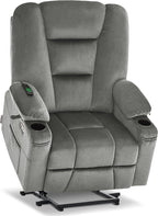 MCombo Oversized Power Lift Recliner Chair with Massage and Heat for Big and Tall Elderly People, Cup Holders, USB Ports, Side Pockets, Fabric R7541 (Grey, Large-Oversize)