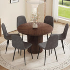 Round Dining Table Set for 6 with Storage, 42" Round Dining Table with 6 Fabric Chairs, 7 Piece Kitchen Table Chairs Set of 6 with Thick Wood Top, Roman Column Pedestal, Space-Saving