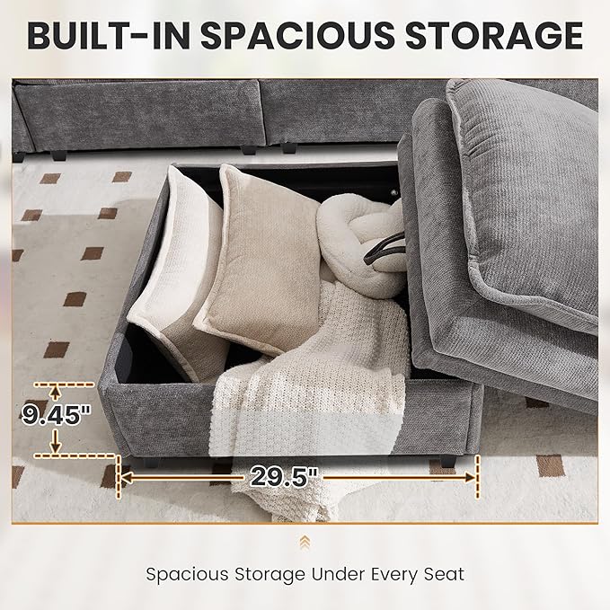 100" L Shaped Modular Sectional Sofa, Couch with Ottoman Storage, Chenille Cloud Couch with Plush Deep Seating for Living Room, Bedroom (Light Grey, 4 Seat)