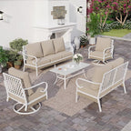 6 Piece Metal Outdoor Patio Furniture Set, Patio Conversations Set 3-Seater Sofa, 2-Seater Sofa, 2 Swivel Chair with 5.75" Thick Cushion & Coffee Table White Backyard Furniture, Beige