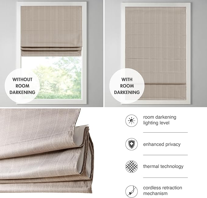 Madison Park Galen Cordless Roman Shade, 29"W x 64"H, Sheen Taupe – Room Darkening, Thermal Insulated, Energy Efficient Window Blind with Subtle Sheen Basketweave Fabric for Privacy