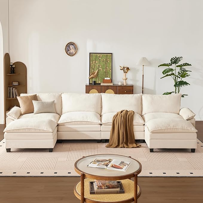 147 Inch Big Comfy Couch with Ottoman, 6 Seat U Shaped Couches, Cloud Modular Sectional Sofa, Modern Cloud Couch Sectionals, Sectional Couches for Living Room, Oversize Deep Seat Sofa, Beige