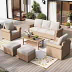 Patio Furniture Set 6 pcs, Wicker Rattan Sofa with 5.5” Thick Waterproof Cushions, 2 Chairs, 2 Ottomans and Coffee Table, All Weather Outdoor Conversation Set for Backyard Deck, 7 Seats Beige
