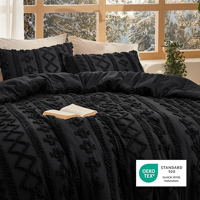 Bedsure Tufted Boho Comforter Set Full Size - Black Boho Bed Set, GentleSoft™ 3 Pieces Farmhouse Shabby Chic Embroidery Bedding, Gifts for Woman, Soft Jacquard Full Comforter for All Seasons