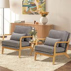 Modern Accent Chair with Lumbar Pillow, Relaxing Mid Century Chair Armchair with Solid Wood Frame & Soft Cushion, Reading Leisure Armchair for Living Room, Grey