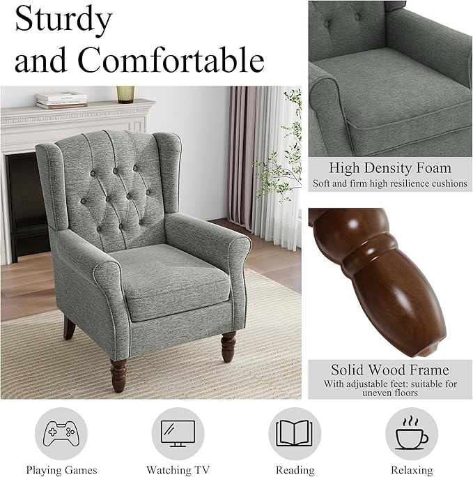 Pia Ricco Mid-Century Modern 2-Piece Wingback Chair Set - Plush Upholstered Accent Chairs with Solid Wood Legs, High Back Lounge Seating for Living Room, Bedroom & Office - Retro Matched Pair (Gray)