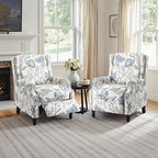 Pushback Recliner Chair, Floral Fabric Wingback Recliner Chair, Upholstered Armchair Push Back Recliner, Rivet Trim Single Sofa Accent Chair with Wood Legs for Living Room, Plants Blue