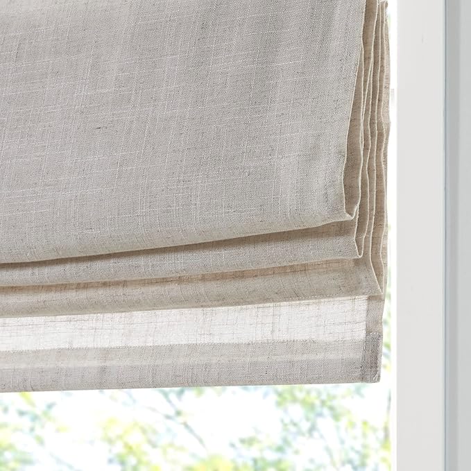 Madison Park Kyler Cordless Roman Shades - Single Panel, Lightweight Linen Blend Fabric, Natural Design, Easy Installation, Light Filtering Window Blind, Bedroom, Living Room Decor 27"W x 64"H Natural