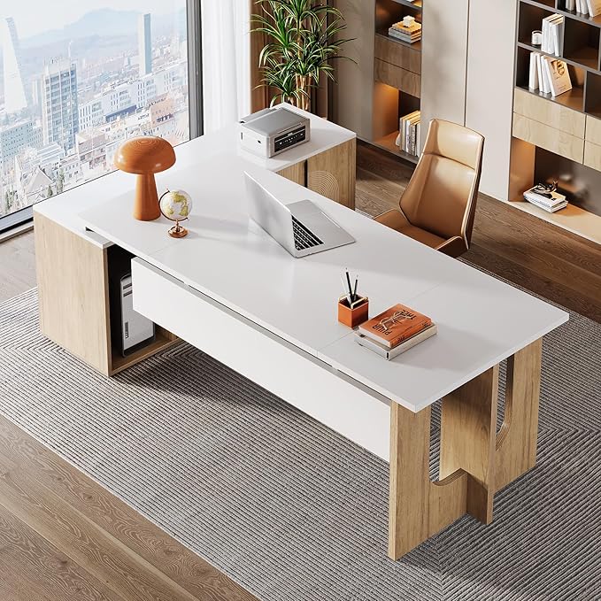 Tribesigns 74.8 Inch Executive Desk, Large Office Desk with Cabinet, L Shaped Computer Desk with Shelves and CPU Storage, Modern Home Office Desks Business Furniture Workstation Set, White and Wood