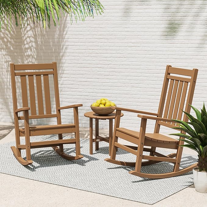 POLYWOOD Estate 3-Piece Rocking Chair Set, Outdoor Patio Furniture, Front Porch Rockers with Side Table, HDPE, Fade-Proof, Teak