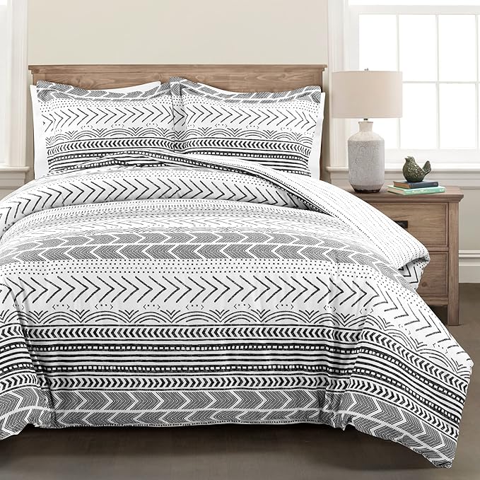 Lush Decor Hygge Geo Reversible 3 Piece Cotton Duvet Set, Full/Queen, Black & White